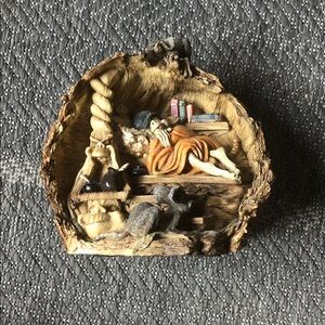 Piggy bank with sleeping figure and rats, hand painted looks like wood